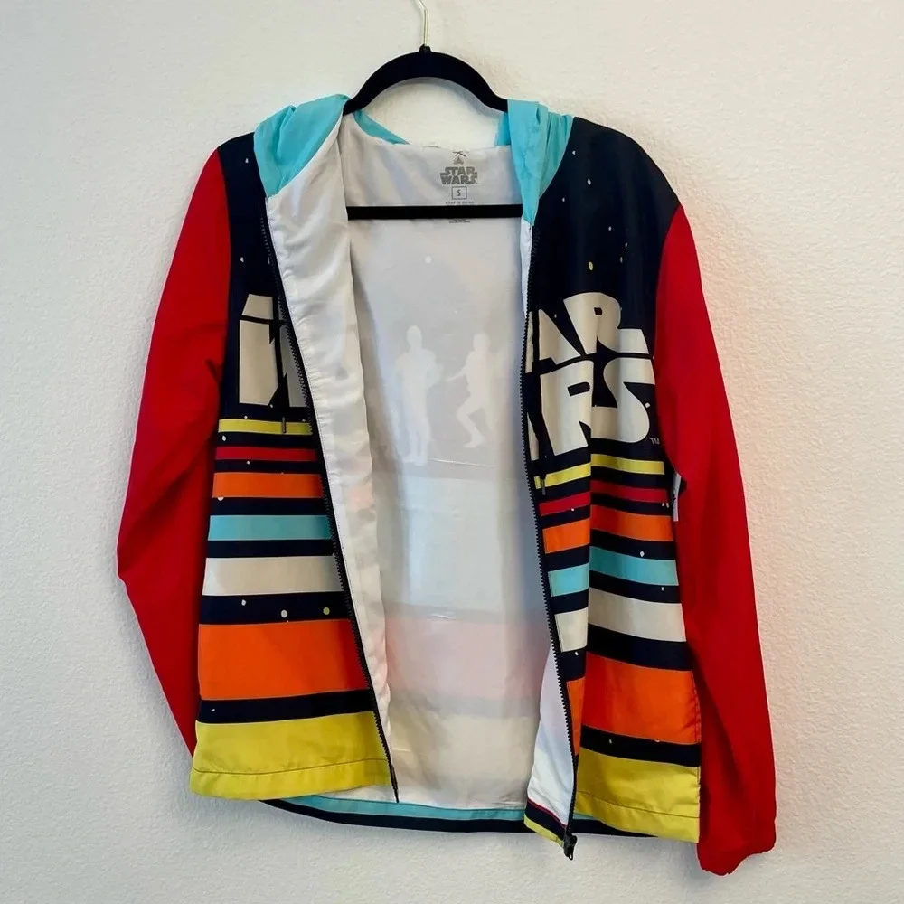 New Disney Parks Star Wars Windbreaker Jacket Size Small Striped Logo Red Blue